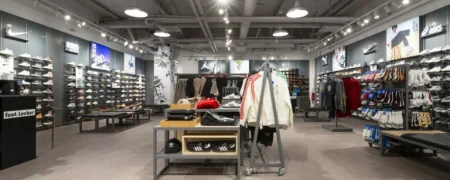 Intérieur de la boutique Foot Locker Paris CNIT & Westfield avec mobilier retail, sneakers et espace de vente