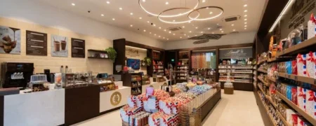 Intérieur de la boutique Lindt Giverny avec mobilier retail, espace chocolat et ambiance chaleureuse