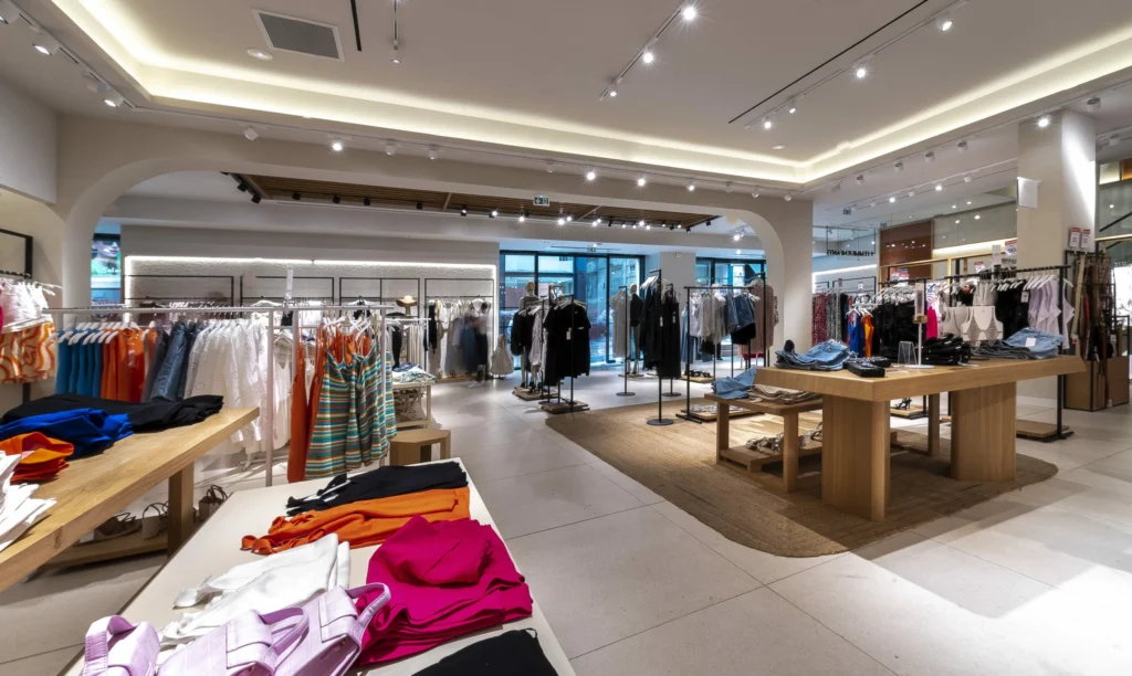 Vue d'angle du mobilier sur mesure réalisé par L2A Agencement pour la boutique Mango à Bordeaux