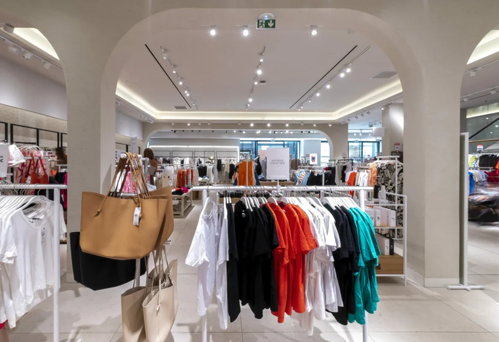 Arches intérieures de la boutique MANGO Bordeaux avec portants vêtements et parcours client