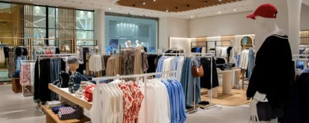 Intérieur de la boutique MANGO Nantes Atlantis avec mobilier retail, collections prêt-à-porter et éclairage intégré