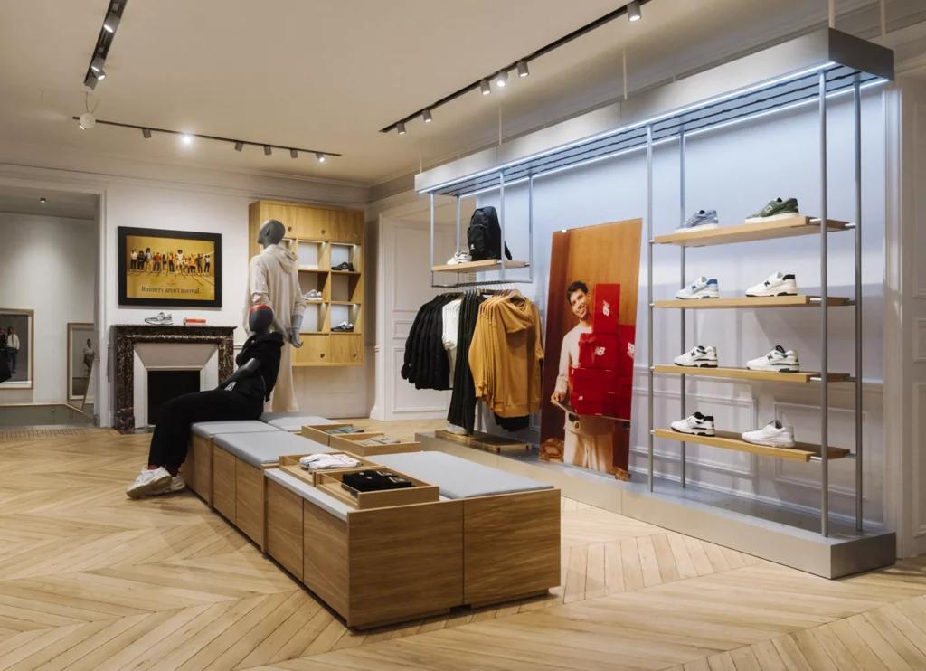 Étagères de présentation sneakers dans la boutique New Balance Paris avec mobilier retail et éclairage intégré