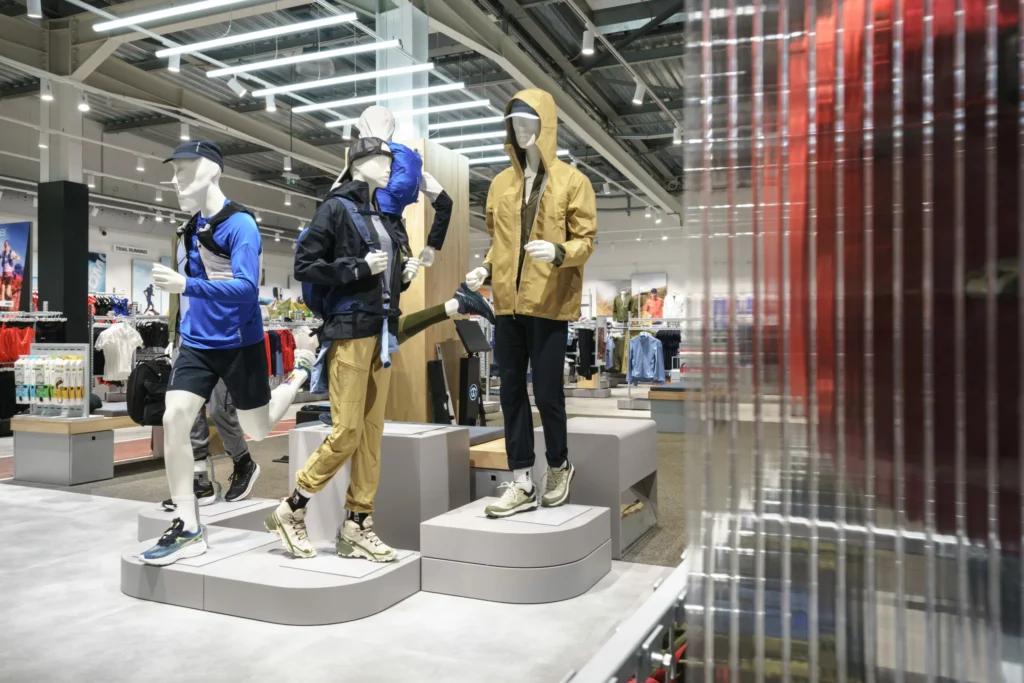Mannequins et collections textile outdoor dans la boutique Salomon Annecy aménagée par L2A Agencement