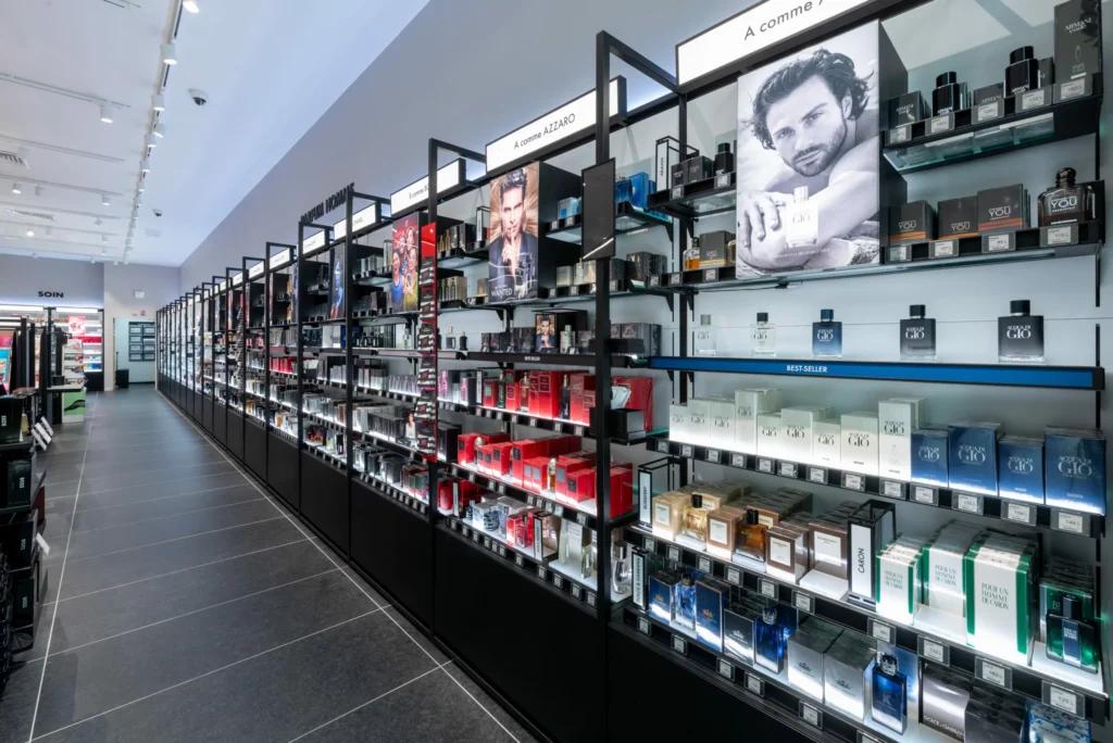 Linéaires parfums dans le magasin SEPHORA Grenoble Neyrpic avec mobilier noir et éclairage intégré