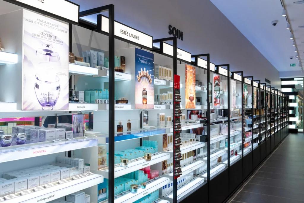 Produits cosmétiques présentés dans le magasin SEPHORA Grenoble Neyrpic avec mobilier de vente