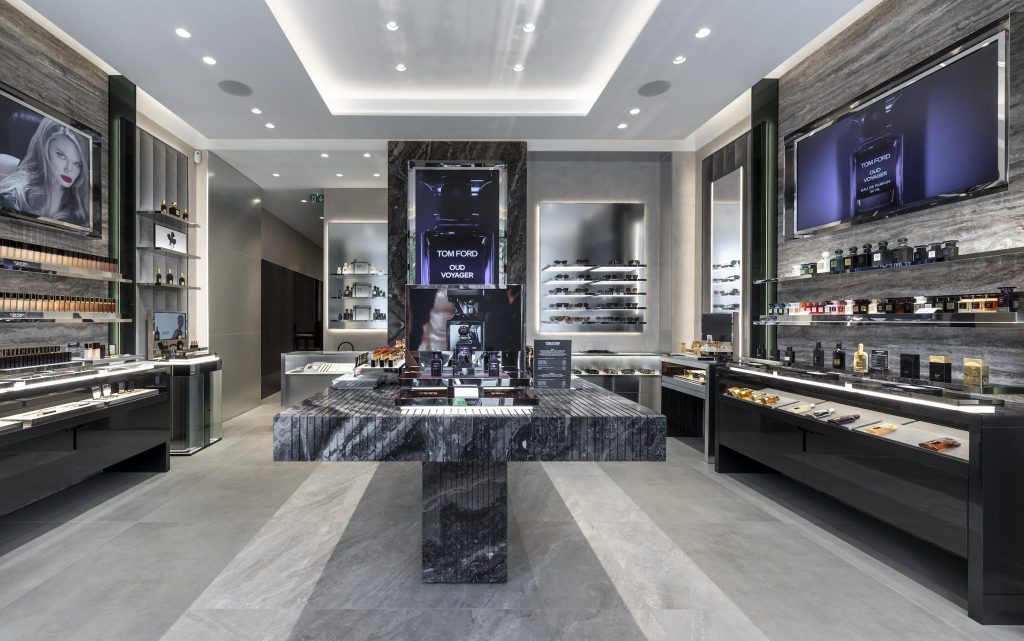 Aménagement intérieur de la boutique Tom Ford Beauty rue Cambon à Paris
