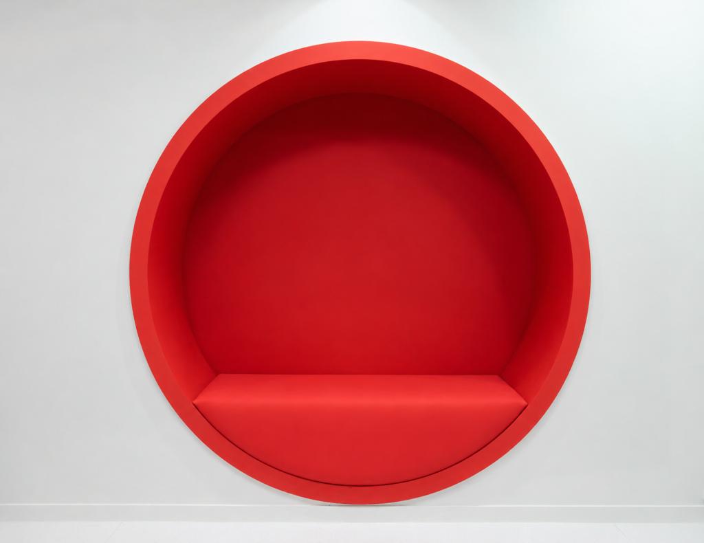 Niche d’attente rouge du cabinet Smile2Impress Lille avec assise intégrée et design circulaire