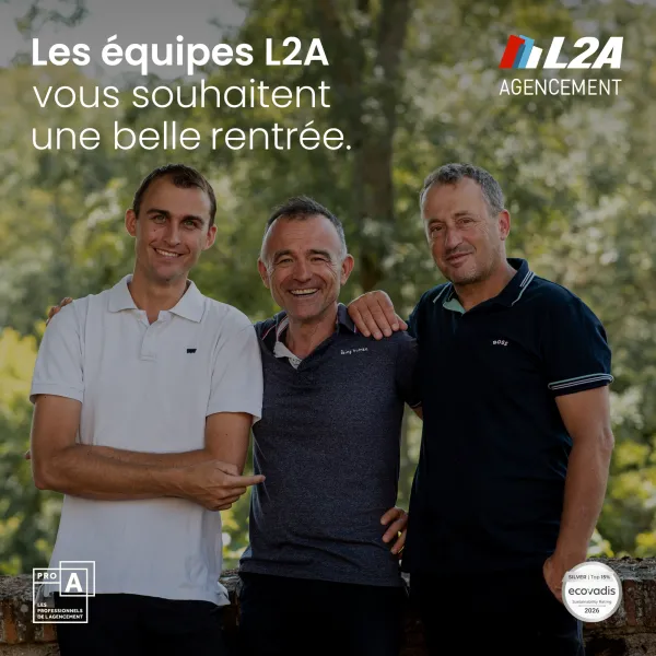 Visuel pop-up rentrée 2026 L2A Agencement invitant à découvrir les nouvelles réalisations et projets en cours